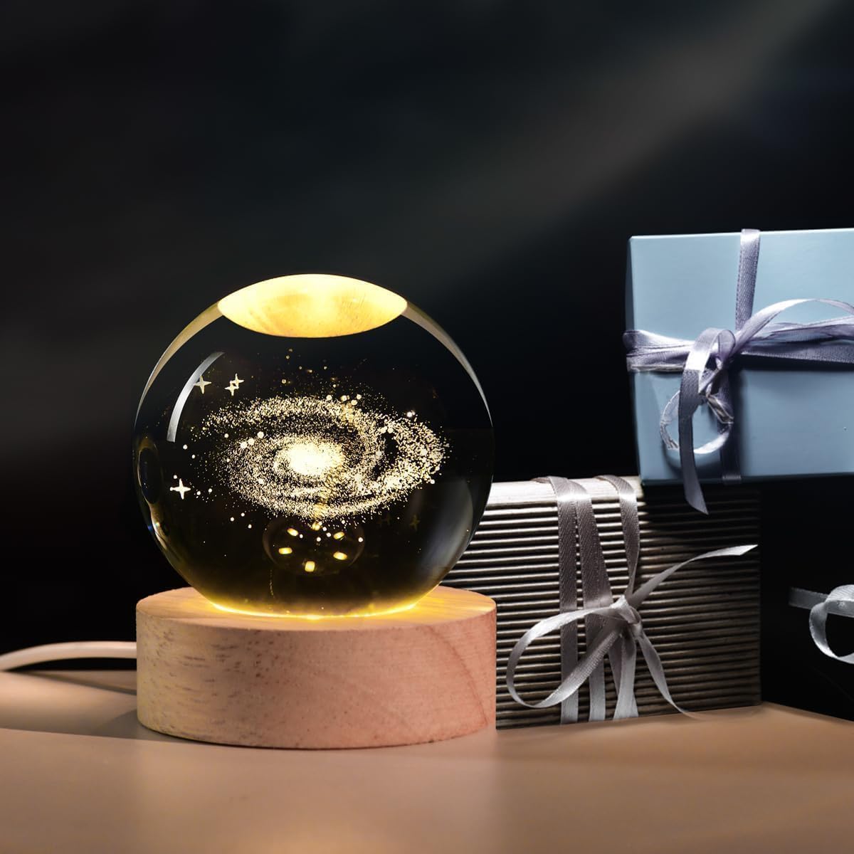 4Mura 3D Galaxy Crystal Ball Night Light | Dimmable Engraved LED Glass Ball Table Lamp